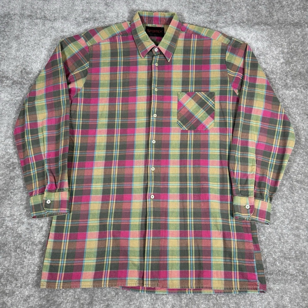 VTG Sportex Shirt Men's Large Green Pink Plaid Long Sleeve‎ Button Up Flannel